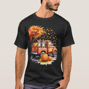 Funny Cat Truck Pumpkin Autumn Fall Leaves Thanksg T-Shirt