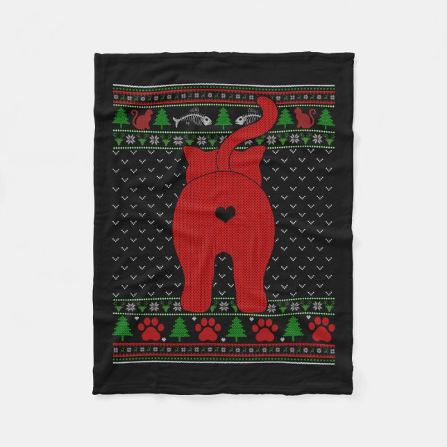 Funny Cat Ugly Christmas Sweater Family Matching X Fleece Blanket (Front)