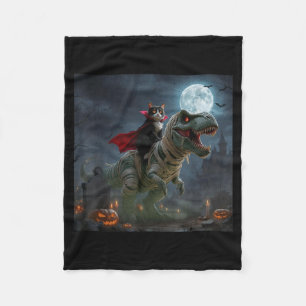 Funny Cat Vampire Riding a T-Rex Cute Halloween Fleece Blanket