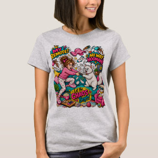 Funny Cat vs Human Remote Battle Crazy Cartoon T-Shirt