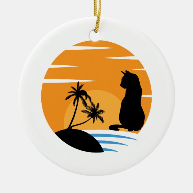 Funny Cat Watching Sunset scene - Black Cat Sunset Ceramic Tree Decoration (Front)