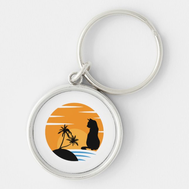 Funny Cat Watching Sunset scene - Black Cat Sunset Key Ring (Front)