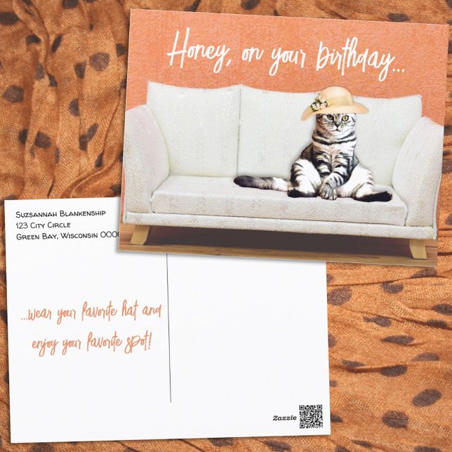 Funny Cat Wearing a Sun Hat on a Couch Birthday Postcard (Creator Uploaded)