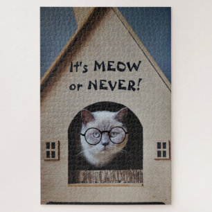 Funny Cat Wearing Glasses It's Meow or Never Quote Jigsaw Puzzle