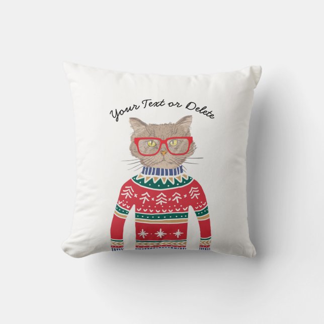Funny Cat Wearing Glasses, Ugly Christmas Sweater Cushion (Front)