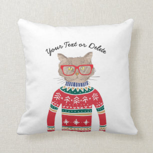 Funny Cat Wearing Glasses, Ugly Christmas Sweater Cushion