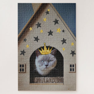 Funny Cat Wearing Golden Glitter Bling Crown Jigsaw Puzzle
