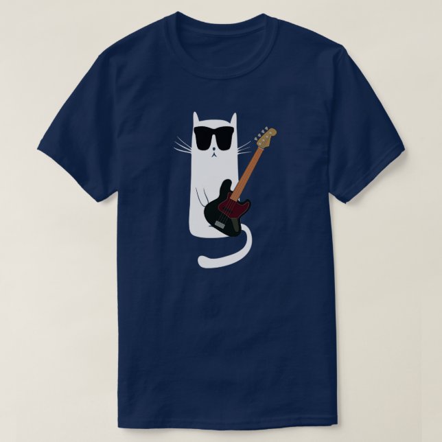 Funny Cat Wearing Sunglasses Playing Bass Guitar  T-Shirt (Design Front)