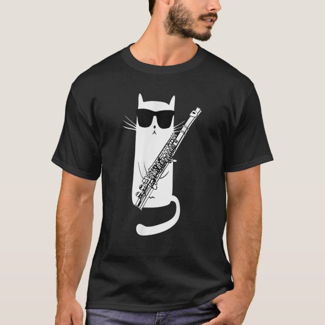 Funny Cat Wearing Sunglasses Playing Flute Musicia T-Shirt (Front)
