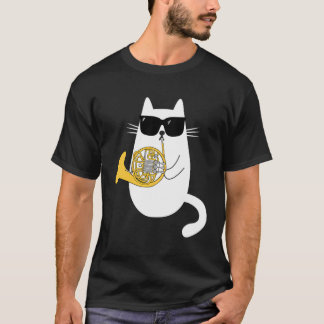 Funny Cat Wearing Sunglasses Playing French Horn M T-Shirt