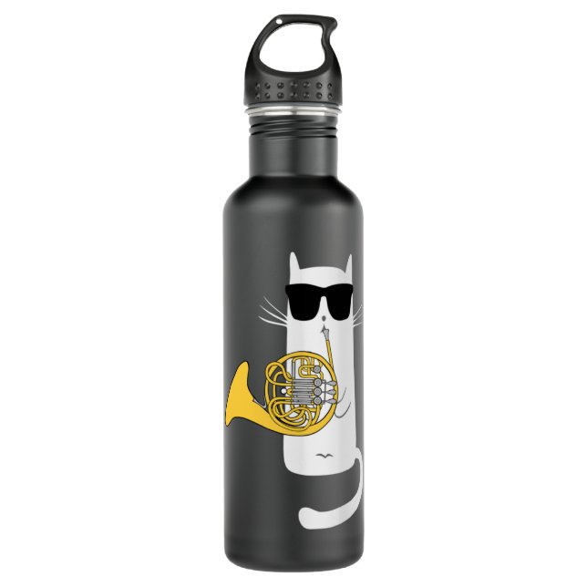 Funny Cat Wearing Sunglasses Playing French Horn P 710 Ml Water Bottle (Front)