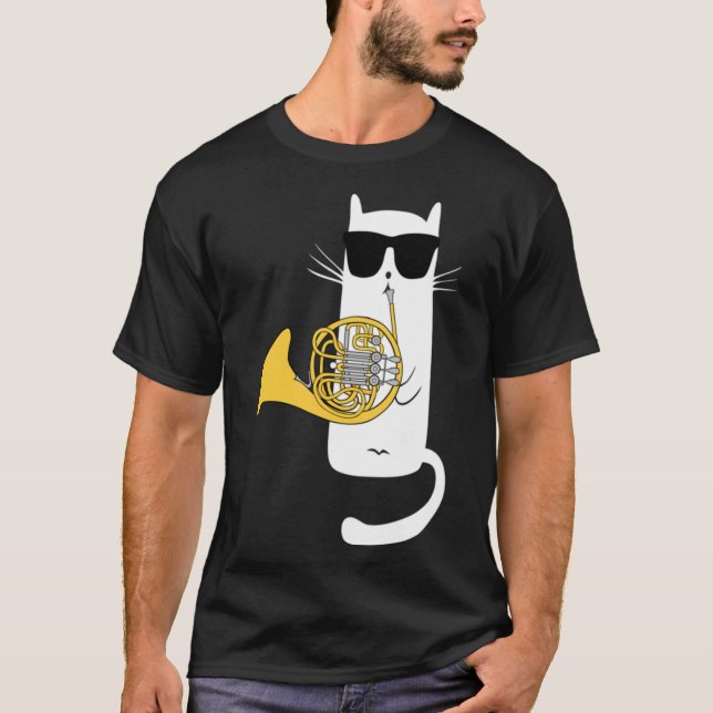 Funny Cat Wearing Sunglasses Playing French Horn T-Shirt (Front)