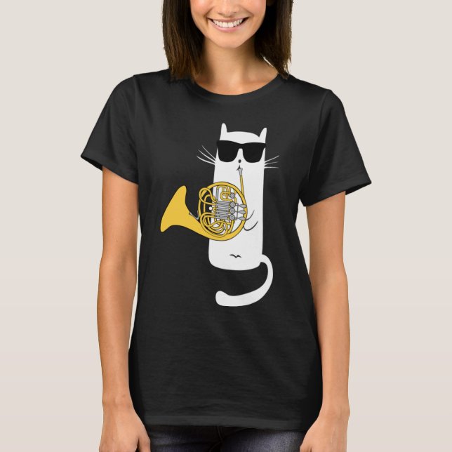 Funny Cat Wearing Sunglasses Playing French Horn T-Shirt (Front)