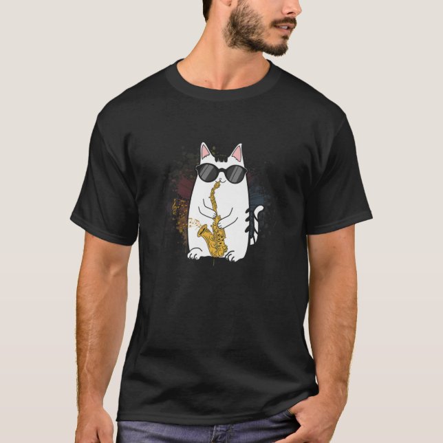 Funny Cat Wearing Sunglasses Playing Saxophone Gif T-Shirt (Front)