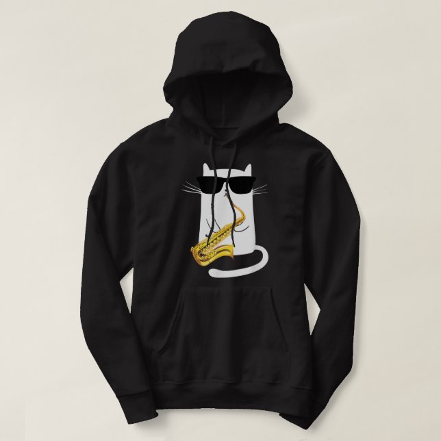 Funny Cat Wearing Sunglasses Playing Saxophone  Hoodie (Design Front)