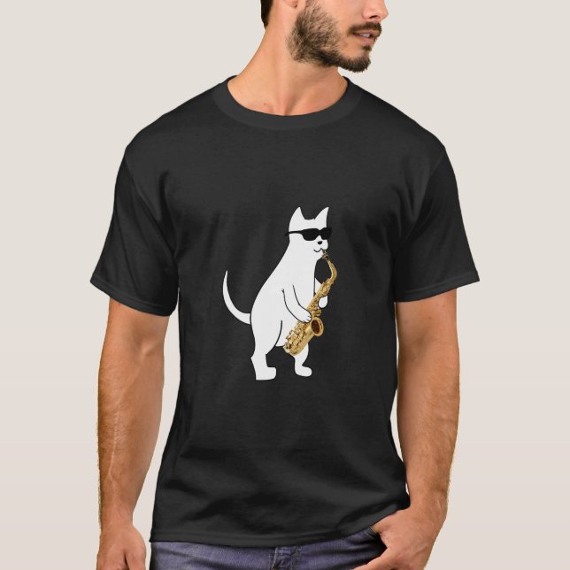 Funny Cat Wearing Sunglasses Playing Saxophone  T-Shirt (Front)