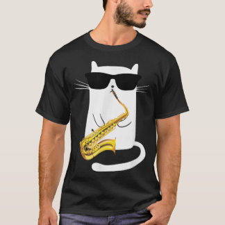 Funny Cat Wearing Sunglasses Playing Saxophone  T-Shirt