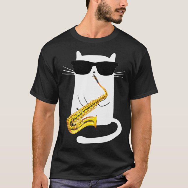 Funny Cat Wearing Sunglasses Playing Saxophone T-Shirt (Front)