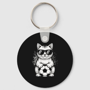 Funny cat wearing sunglasses playing soccer key ring