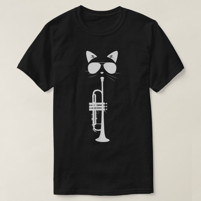 Funny Cat Wearing Sunglasses Playing Trumpet Music T-Shirt (Design Front)