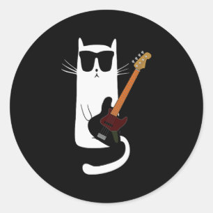 Funny Cat Wearing Sungles Playing B Guitar Men Wom Classic Round Sticker