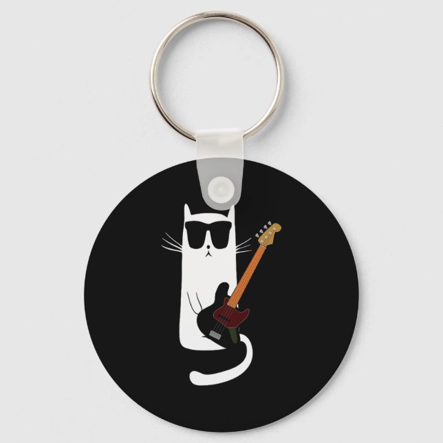 Funny Cat Wearing Sungles Playing B Guitar Men Wom Key Ring (Front)