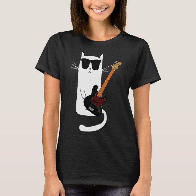 Funny Cat Wearing Sungles Playing B Guitar Men Wom T-Shirt (Front)