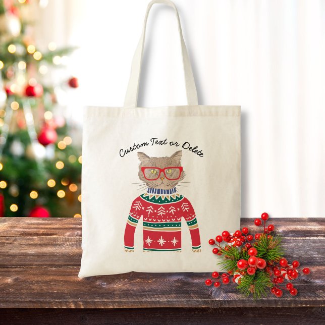 Funny Cat Wearing Ugly Christmas Sweater Custom Tote Bag (Creator Uploaded)