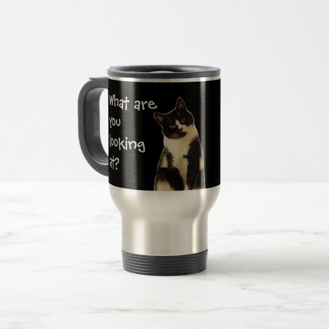 Funny Cat "What are you looking at!" Travel Mug (Front Left)