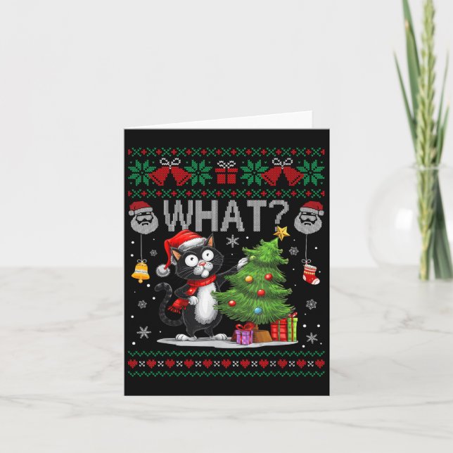 Funny Cat What Black Cat Christmas Tree Ugly Xmas  Card (Front)