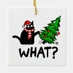 Funny Cat What Black Cat Pushing Christmas Tree T- Ceramic Ornament