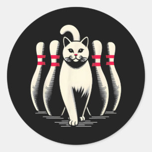Funny Cat White Playing Bowling Retro Vintage Stri Classic Round Sticker