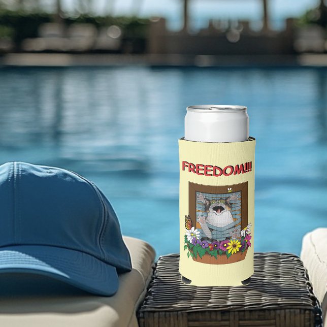 Funny Cat Window Yellow Freedom Seltzer Can Cooler (Creator Uploaded)