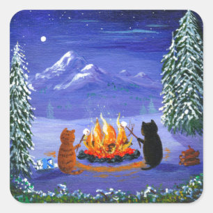Funny Cat Winter Cartoon Creationarts Square Sticker
