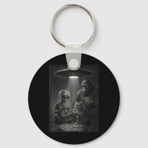 Funny Cat With Alien And Bigfoot Eating Pizza Ufo Key Ring