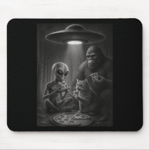 Funny Cat With Alien And Bigfoot Eating Pizza Ufo  Mouse Mat