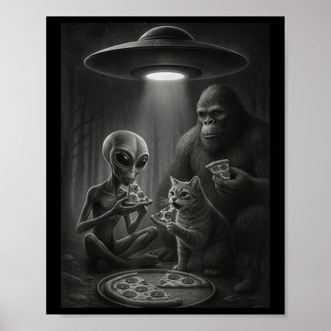Funny Cat With Alien And Bigfoot Eating Pizza Ufo  Poster (Front)