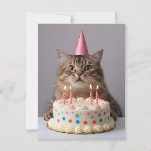 Funny cat with birthday cake postcard