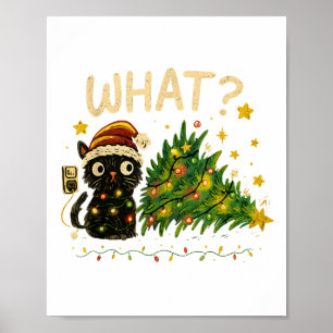Funny Cat With Christmas Lights And Fallen Tree Ar Poster