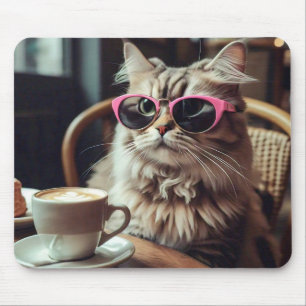 Funny Cat with Coffee Mouse Pad
