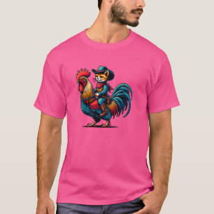 Funny Cat With Cowboy Hat & Boots Riding Rooster V T-Shirt