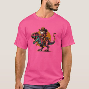 Funny Cat With Cowboy Hat & Boots Riding T-Rex Vin T-Shirt
