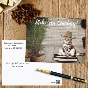 Funny Cat with Cowboy Hat Riding Vacuum Cleaner Postcard