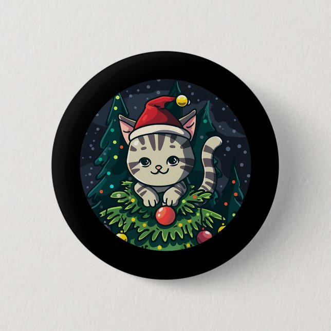 Funny Cat With Hat And Christmas Tree Costume  6 Cm Round Badge (Front)