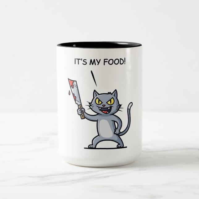 Funny Cat with Knife Two-Tone Coffee Mug (Center)