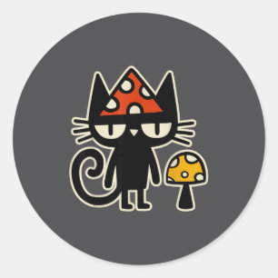 Funny Cat With Mushroom Hat Black Cat With Toadsto Classic Round Sticker