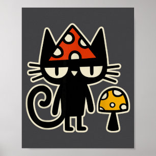 Funny Cat With Mushroom Hat Black Cat With Toadsto Poster