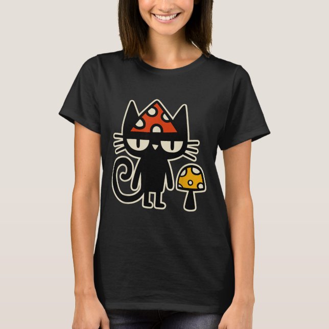 Funny Cat With Mushroom Hat Black Cat With Toadsto T-Shirt (Front)