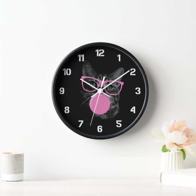 Funny Cat with Pink Glasses Bubble Gum Wall Clock (Home)