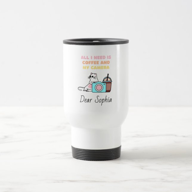 Funny Cat with Sunglasses and Camera&Coffee Humour Travel Mug (Center)